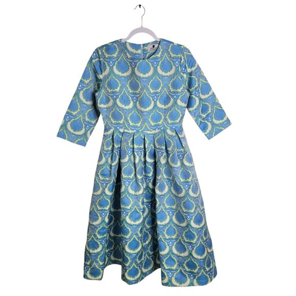 Dainty Jewells 60s Inspired Full Pleated Skirt Midi Dress 3/4 Sleeve Blue Print - Picture 1 of 8